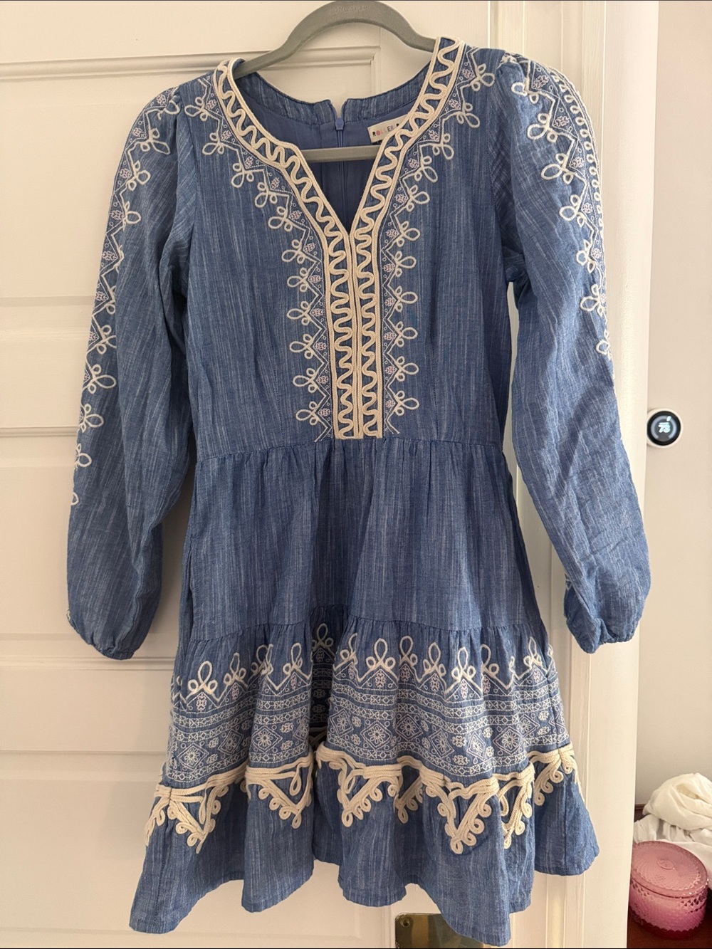 Roller Rabbit Blue Embroidered Peasant Dress with Cream Trim